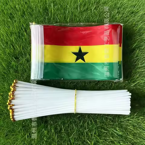 (TIKI FLAG)Ghana hand flag 14x21cm Polyester Fade-Resistance Ghana Hand Waving Flag with Plastic Fla