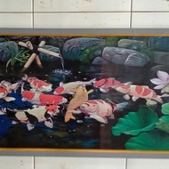 hiasan dinding lukisan cetak ikan koi plus bingkai ukuran 100×50