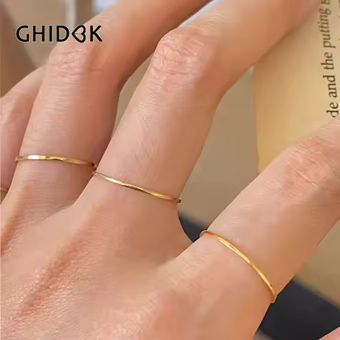 GHIDBK 0.5mm Extremely Thin Stainless Steel Anti-Tarnish Rings for Women Fashion Simple 18K Pvd Gold