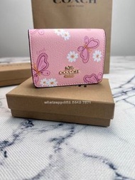 🎀順豐包郵 全新COACH Small Wallet 粉紅蝴蝶雛菊 十字紋皮革