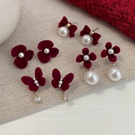 Autumn Winter Retro Red Butterfly Earrings Female Silver Needle Sweet Gentle Velvet Pearl Flower Tem
