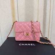 絕美超罕有💕 Chanel Vintage Mini Classic Flap Bag 17 cm 中古櫻花粉金扣荔枝牛皮方胖子 CF17