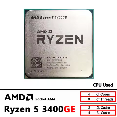 AMD Ryzen 5 3400GE R5 3400GE 3.3 GHz Used Quad-Core Eight-Thread 35W CPU YD3400C6M4MFH Socket AM4