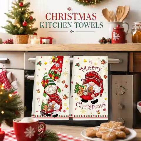2pcs Merry Christmas Hand Towels Cute Gnome Pattern Soft Absorbent Kitchen Towels Navidad Christmas 