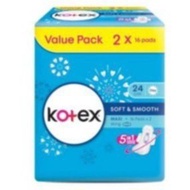 KOTEX Soft &amp; Smooth Maxi Wing / Tuala Wanita / Sanitari Pad Kotex 24cm ( 16s x 2 )