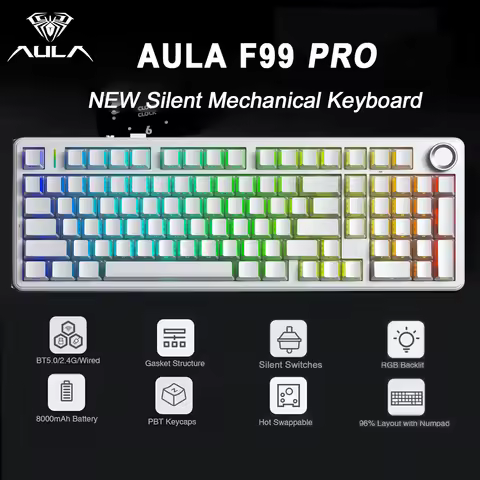 AULA F99 Pro Silent Mechanical Keyboard 2.4G Wireless PBT Keycap Hot-Swappable RGB Backlit Transluce