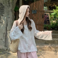 88625 White Embroidered Crochet Hooded Loose Long Sleeve Shirt