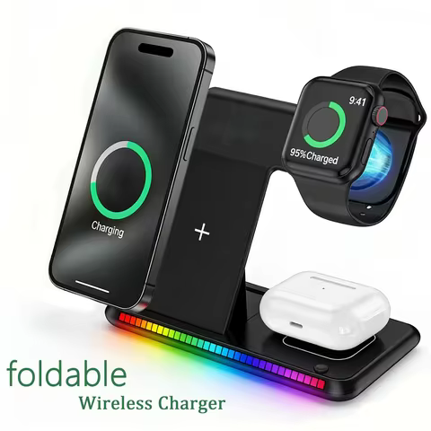 3 in 1 LED Fast Wireless Charger Stand Foldable Charging Station For iPhone 17- 12 Apple Watch 9 8 7