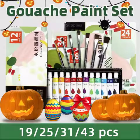 19/25/31/43 pcs Gouache Paint Set with 7 Paint Brushes, 12ml/0.4oz Tubes, Great for Back to School A