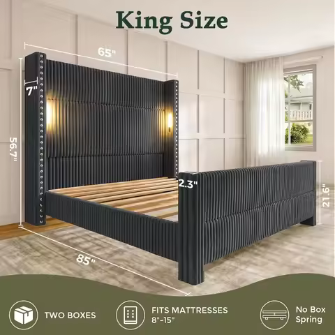 King Corduroy Platform Bed, 56.7" Tall Wingback Headboard with Reading Lights & Charging Station, Cu