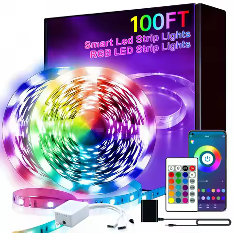 100FT Bedroom LED Strips Light, Color-hanging LED Strips Set, with 24-key Remote Control and Intelli