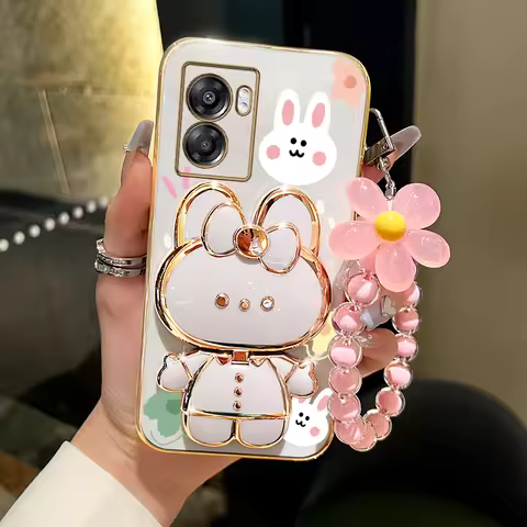A 57 2022 Flower Strap Rabbit Makeup Mirror Phone Holder Case On For Oppo A57 4G 2022 OppoA57 2022 L