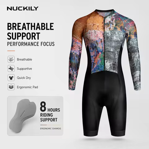NUCKILY Men Long Sleeve Cycling Skinsuit Graffiti One Piece Bike Suit Quick Dry 8H 3D Pad Anti Slip 