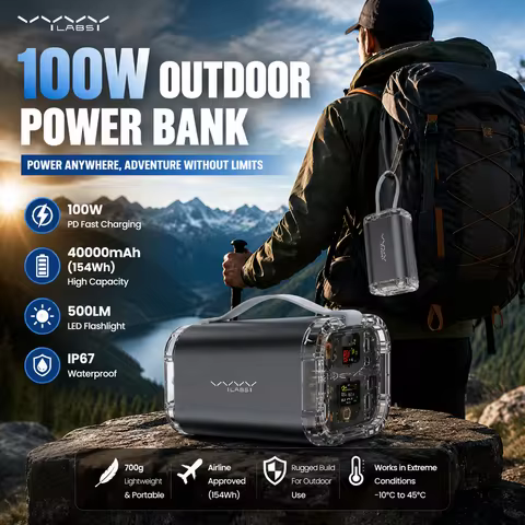 100W Power Bank 40000mAh Outdoor Charger PD Fast Charging Battery Pack LED Flashlight IP67 Waterproo