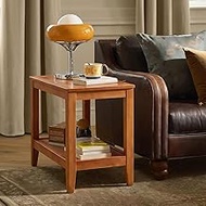 Side Table, Solid Wood Rectangular End Table with Storage Shelf, 2-Tier Coffee Table for Living Room
