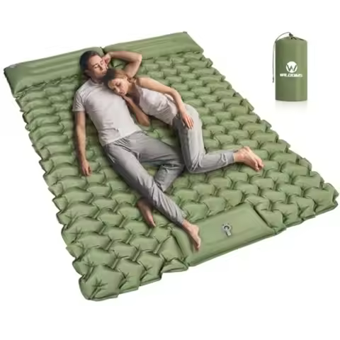 Double Sleeping Pad for Camping 4" Thick Inflatable Camping Mattress 2 Person, Built-in Feet Pump an