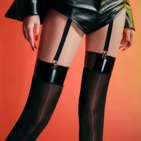 Gothic Punk Wetlook PVC Leather Rib Cut Edge Thigh High Stockings Female Erotic Oil Glossy Pole Danc
