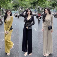 Women's Set Ribbed Elastic Turtleneck Long Sleeve Drawstring Waist Shirt & Luxurious Design Wide Leg