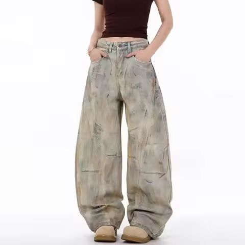 Korean High Street Jeans Dirty Dyed Women'S Curved Knife Jeans Loose Wide Leg Pants Casual Straight 