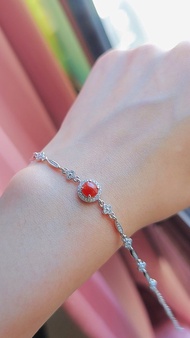 |鴻運•幸福|A貨翡翠冰紅翡大蛋面6mm純銀鍍18k四葉草手鏈