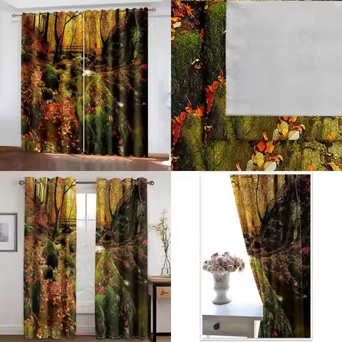 Orange and Green Farmhouse Style Polyester Curtains, 84 W x 96 H, Set of 2, Wood and Stream Landscap