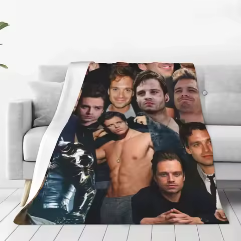 Warm Blanket Camping Sebastian Stan Photo Throw Blanket American Actor Bucky Barnes Flannel Bedsprea