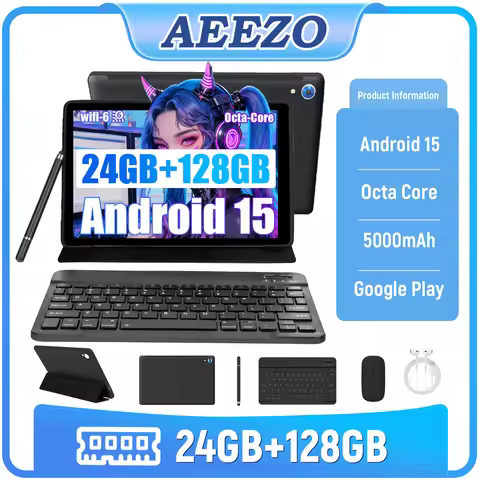 AEEZO Android 15 10.1 Inch Tablet Octa Core 24GB+128GB/1TB Expand WIFI6+BT5.0 HD IPS Screen with Sty