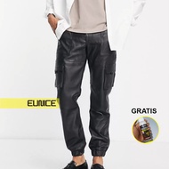 Eunice Men's Long Leather Jogger Cargo Pants - Black