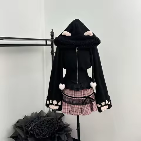 Winter Black Sweet Lolita 3 Piece Set Women Cute Bunny Hooded Coat+Bow Vest +Kawaii Plaid High Waist