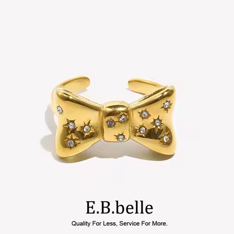 E.B.belle Micro Inlaid Bow Open Ring Waterproof Silver Color 316L Stainless Steel Decoration 18K Gol