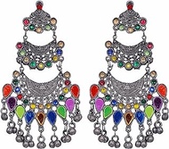 Indian Handmade Traditional Silver Oxidized Ethnic Fashion Ghungroo Bells Bollywood Boho Gypsy Long Dangle Jhumka Mirror Earrings Multi