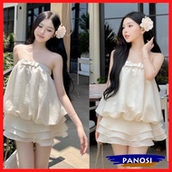Set of lady's silk blouse with bustier shape and 3-layer skirt, off-the-shoulder set for women going
