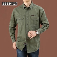 JEEP จิตวิญญาณเสื้อเชิ้ตแขนยาวลายทหารสำหรับฤดูร้อนชุดเอี๊ยม Overall Katun เสื้อหลวมเสื้อเชิ้ตผู้ชายไ