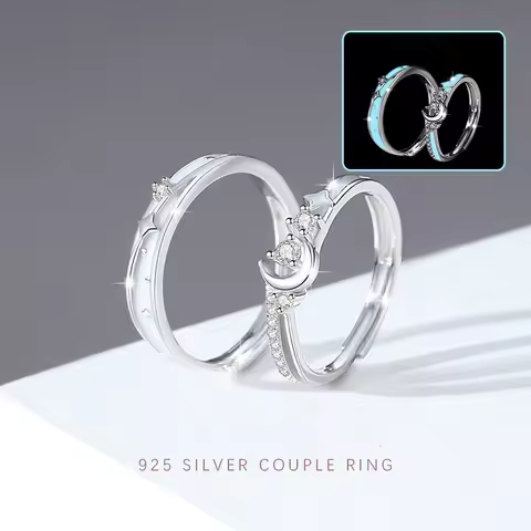 2pcs/set European 100% S925 Sterling silver AAA CZ Star Moon Noctilucent Couple Ring For Women Men B