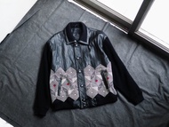 針織x圖騰x羊皮寬大襯衫式皮衣 古董羊革真皮外套 Leather jacket