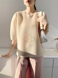 ☍㍿ Aiden001 Average Size (45-70Kg) Pleated Top Womens T-Shirt Summer Toothpick Craft Short Sleeve Co