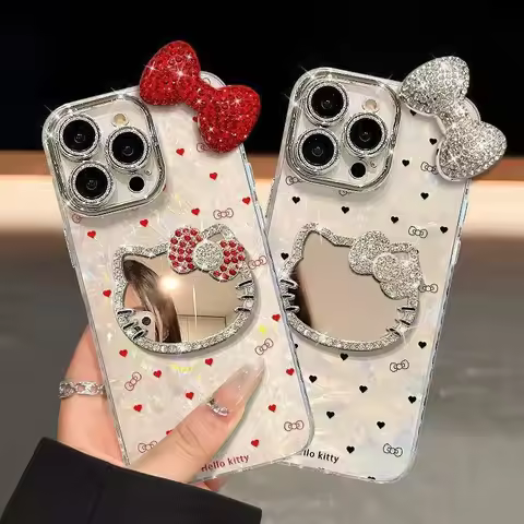 Kawaii Hello Kitty Diamond Phone Case Anime Mirror Suitable for Apple 11/12/13/14/15/16/17/por/porma