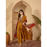 Solid Mustard Ajrak Patched with Embroidery Rayon Anarkali Kurti Set