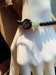 天然緬甸 烏雞翡翠 檀木鑲嵌銀飾 串珠手鏈