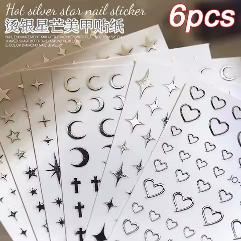6pcs/set Metallic Silver Star/Moon/Heart Nail Sticker Y2K 3D Metal Mirror Effect Nail Decal 8*10cm S