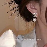 Taiwan Shipping Pearl Earrings Diamond Arc De Triomphe 2023 Unique French Style High-End Double C