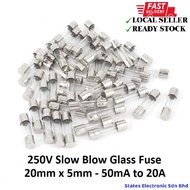 Fuse 250V Slow Blow Glass 20mm x 5mm - 50mA to 20A