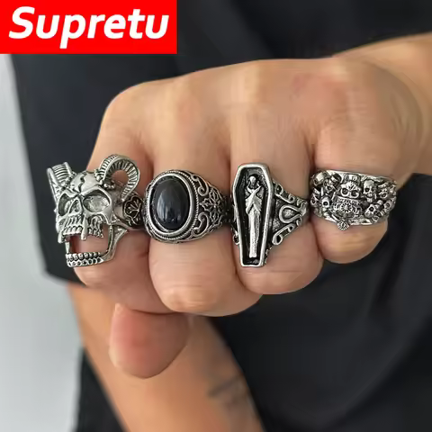 Gothic Punk Skull Rings for Men's Adjustable Opening Finger Ring Coffin Mummy Vampire Jewelry Creati