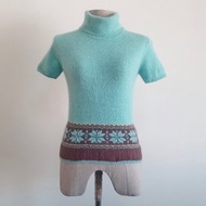 XXS XS 復古藍綠色高領羊毛毛衣女短袖針織上衣