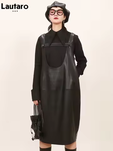 Lautaro Summer Black Faux Leather Midi dress women spring korean fashion deep u neck Loose strap dre