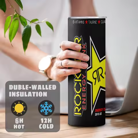 20oz Rockstar Energy Drink Insulated Skinny Tumblers Coffee Cup With Straw Stainless Steel Water Bot