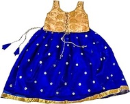 Gold Brocade &amp; Royal Blue Net Sleeveless Lehenga Choli Set, Designer Pattu Pavadai, Kids Ethnic Wear