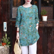 ZANZEA เสื้อสตรีวินเทจคอกลมลำลองพิมพ์ลายดอกไม้แขน3/4เสื้อเชิ๊ตทรงยาวเสื้อผ้า CNY #7
