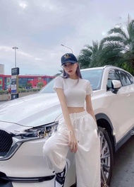 Set Bộ Áo Croptop Nữ Trơn Cộc Tay Kèm Quần Jogger Nữ Ống Rộng Bo Gấu Dáng Thụng Freesize