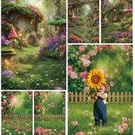 Enchanted Forest Photo Background Mushroom House Flower Path Wooden Fence Backdrop Newborn Poster Ph